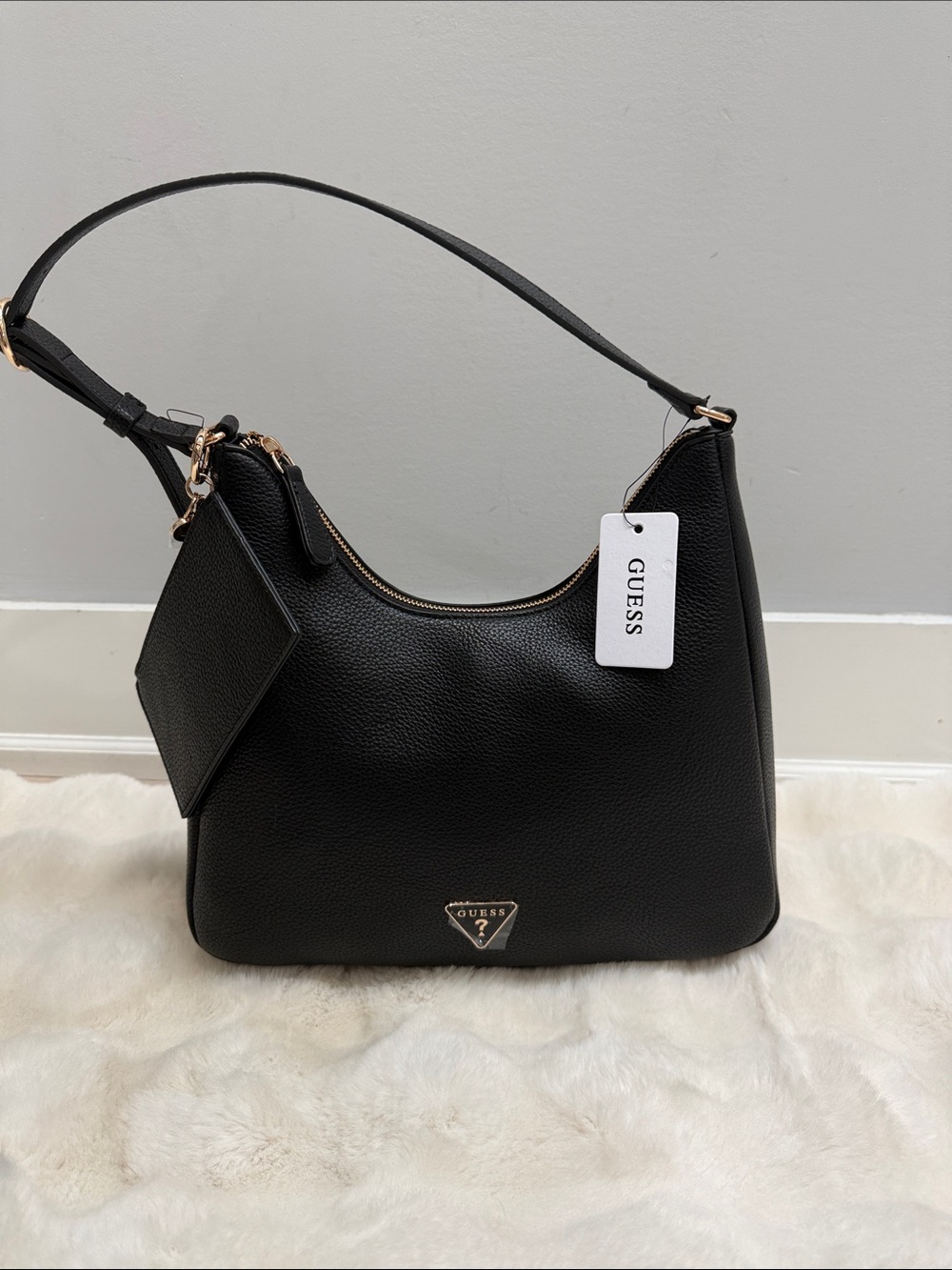 GUESS Black Pebbled Leather Hobo Shoulder Bag with Card Case